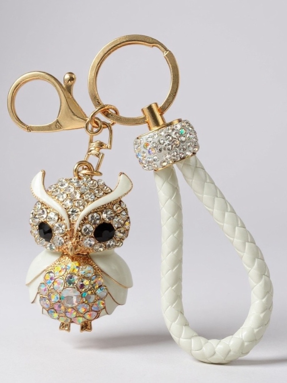 Crystal Owl Keychain Bag Charm- Gold & White